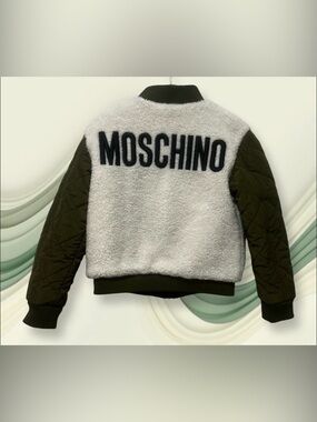 Moschino Kids Cream Sherpa Bomber with Olive Quilted Sleeves